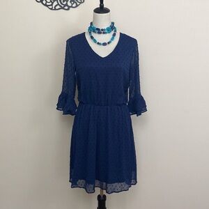 NWT Navy Blue Boho Sheer 3/4 Ruffle Sleeve V-Neck Dress